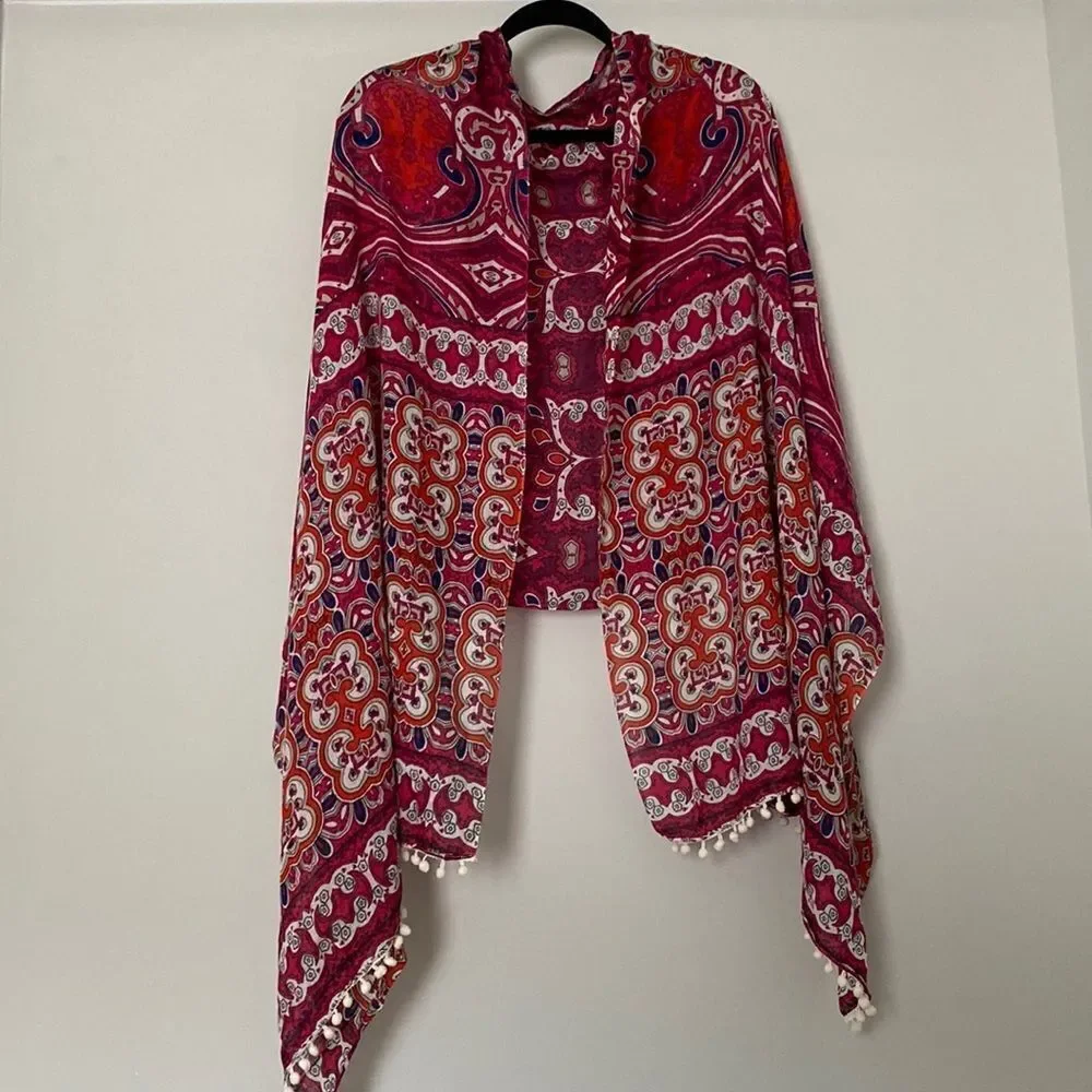 Pompom Paisley Printed Triangle Scarf Shawl